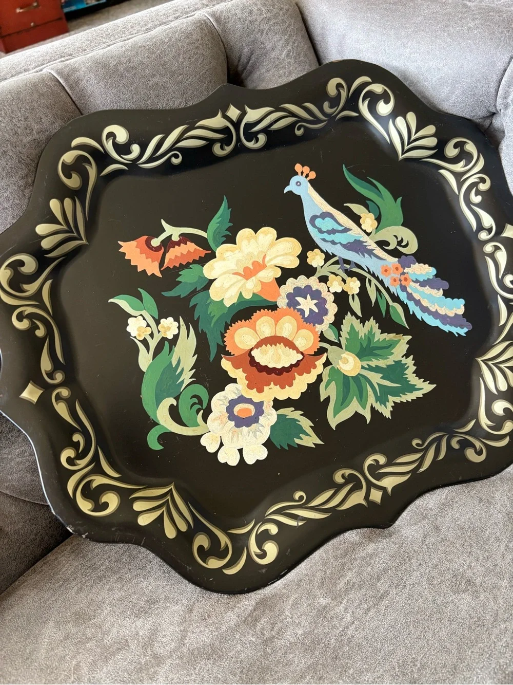 Vintage Hand-Painted Black Floral & Bird Decorative Tray